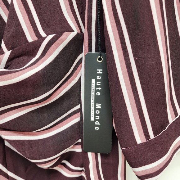 Haute Monde Womens Striped Burgundy Pink Tie Front Blouse Top 3/4 Sleeves Size M - Picture 4 of 10